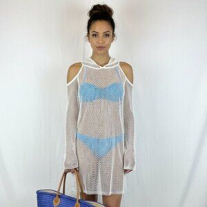 Rehab White Sheer Netted Long Sleeve Hoody Cold Shoulder Top NEW